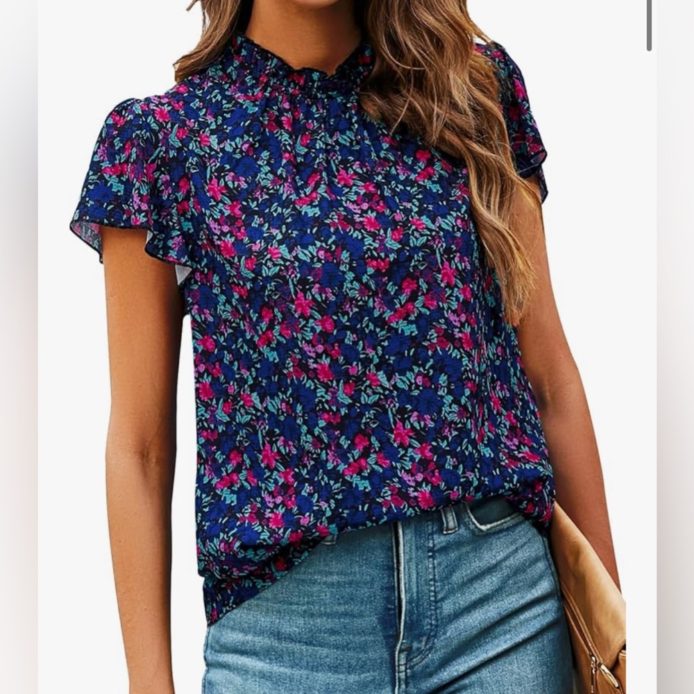SimpleFun Women Floral Ruffle Short Sleeve Mock Neck Flowy Casual Blouses Tops